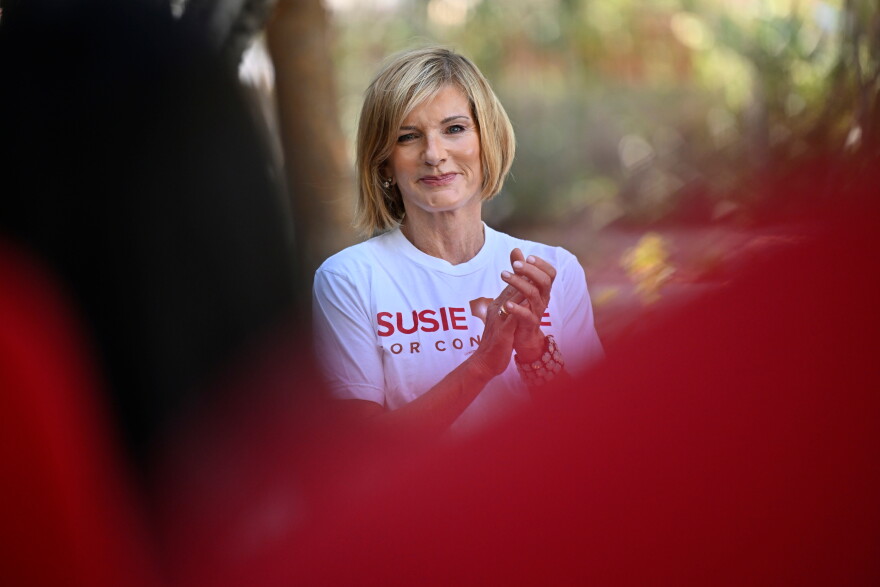 Rep. Susie Lee, D-Nev, looks on at a labor union campaign event on Saturday, Sept. 12, 2026, in Las Vegas. (AP Photo/David Becker)