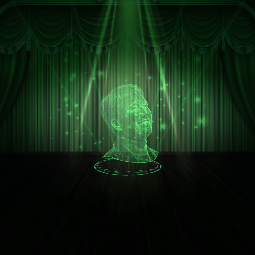 futuristic illustration of Jennifer Higdon being projected on a dark stage in neon green light