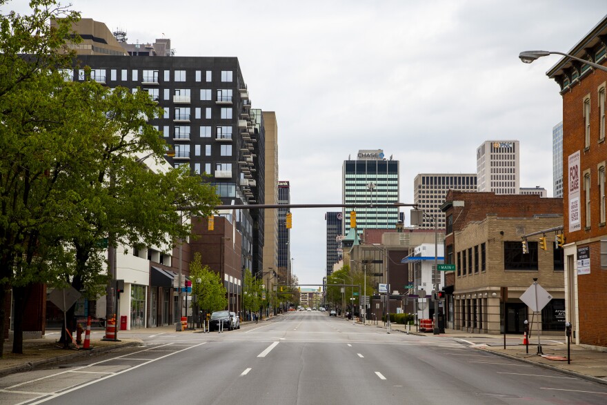 Cars are absent from 3rd Street in downtown Columbus on May 6, 2020, in the middle of Ohio's stay-at-home order. [David Holm / WOSU]