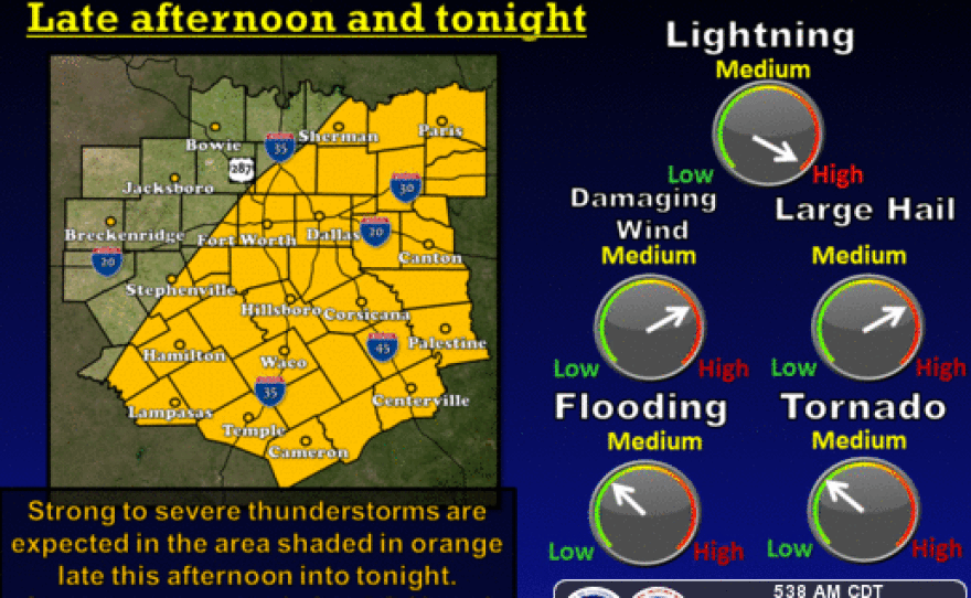 Sherman-Denison and Dallas-Fort Worth are along the western edge of the area identified at risk for severe storms.