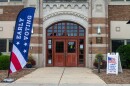 Hannah Community Center with an early voting flag and sign.