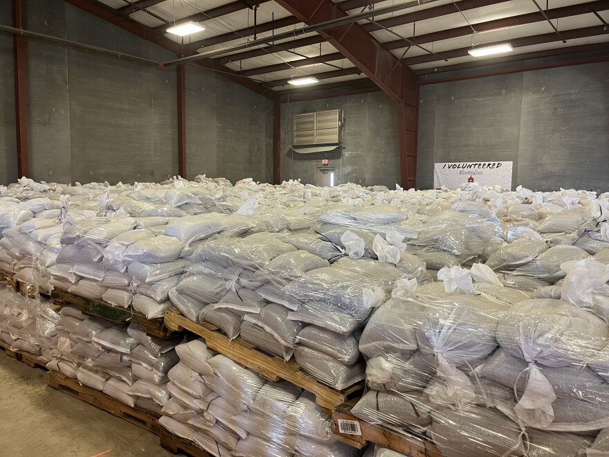 Palettes of sandbags at Sandbag Cass