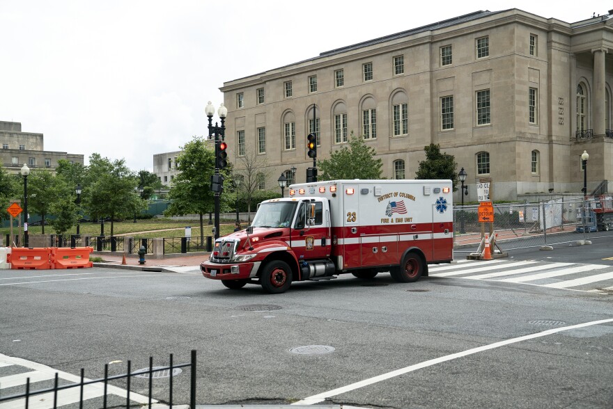 An ambulance at the scene of an overdose at Fourth and E streets Northwest Washington, D.C.