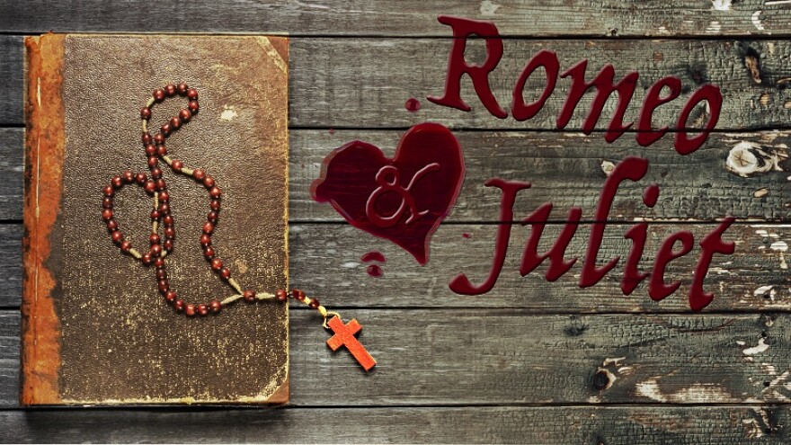 A book, with a maroon-colored rosary atop it sits next to the title, "Romeo & Juliet," seemingly penned in blood. 