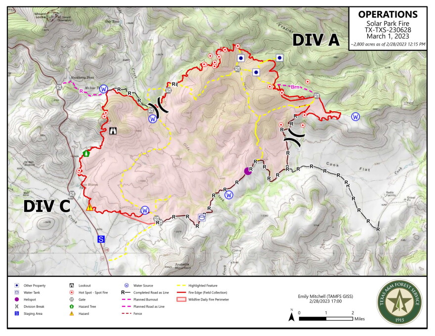 A map of the Solar Park Fire as of Tuesday, Feb. 28, 2023.