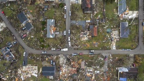 Damage can be seen from a tornado that touched down at the Kankakee County fairgrounds and made its way to a nearby neighborhood this week.