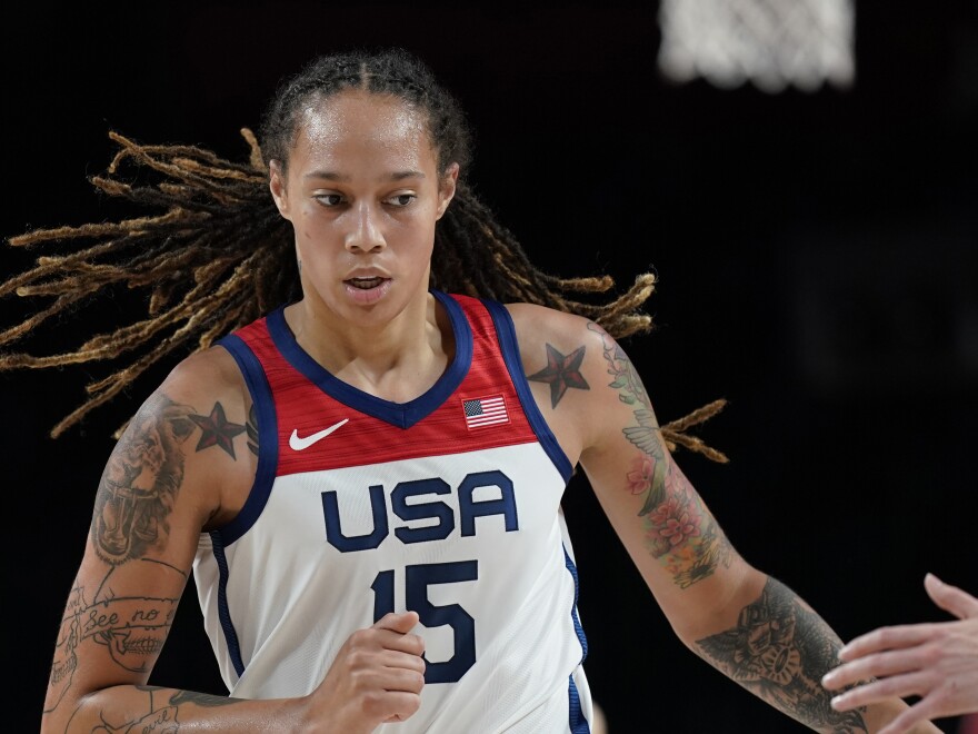United States' Brittney Griner (15) runs to chase the ball during women's basketball preliminary round game against Japan at the 2020 Summer Olympics, Friday, July 30, 2021, in Saitama, Japan. (AP Photo/Eric Gay)