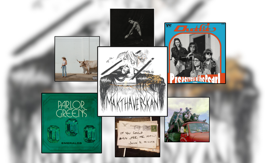 A collage of sqaures with artwork for 3 albums and 4 singles over a blurry black and white background. In the middle and largest square is black and white artwork of a woman with long hair. In a smaller square to the left is a green background with three emeralds. To the right is a blue and red frame of four people in black and white. In even smaller squares are the front of a post card, a group of musicians in a truck bed, a woman and a longhorned cow,  and a woman kneeling against a black backdrop.