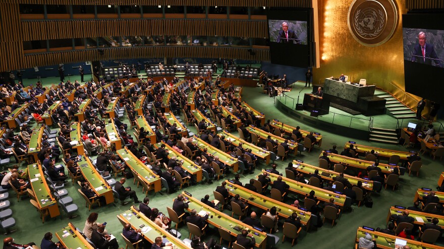 NEW YORK, USA - SEPTEMBER 21: UN Secretary-General Antonio Guterres makes a speech during the 76th session of United Nations General Assembly, in New York, United States on September 21, 2021. (Photo by Tayfun Coskun/Anadolu Agency via Getty Images)