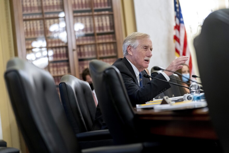 Sen. Angus King, I-Maine, speaks as U.S. Capitol Police Inspector General Michael Bolton appears before a Senate Rules and Administration Committee oversight hearing on the Jan. 6, attack on the Capitol, on Capitol Hill in Washington, Tuesday, Dec. 7, 2021.