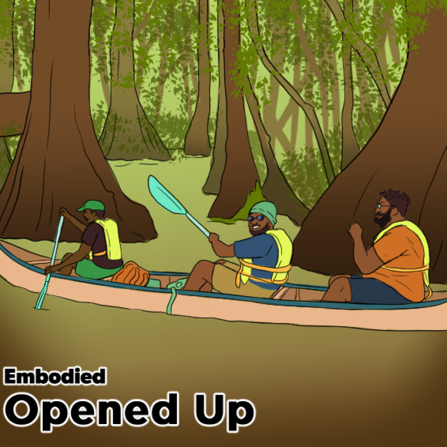 An illustration of three masculine-presenting Black people in a canoe, paddling through a swamp. The person in the front is wearing a green baseball cap, a purple T-shirt, green shorts and a yellow life vest. The person in the middle is wearing a light green beanie, sunglasses, a blue T-shirt, khaki shorts and a yellow life vest. That person has facial hair on their chin. The person in the back of the canoe is larger-bodied, wearing glasses, an orange T-shirt, blue shorts and a yellow life vest. There are swamp trees in the background and the words "Embodied Opened Up" in the lower left hand corner of the illustration.