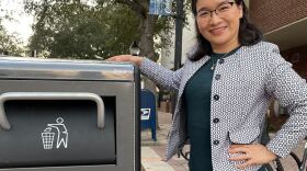 Chief Climate Officer Dan Zhu takes pride in the solar-powered trash cans placed throughout downtown Gainesville. The trash cans are part of Gainesville’s commitment to Zero Waste by 2040.