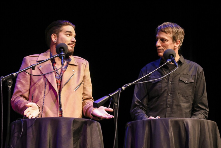 Adam Lambert and Tony Hawk face off in a round of This, That or the Other on<em> Ask Me Another</em> at the Balboa Theatre in San Diego, California.