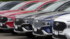 A line of 2022 Santa Fe SUV's sit outside a Hyundai dealership Sunday, Sept. 12, 2021, in Littleton, Colo. Nearly three months after Hyundai and Kia rolled out new software designed to thwart rampant auto thefts, crooks are still driving off with the vehicles at an alarming rate.