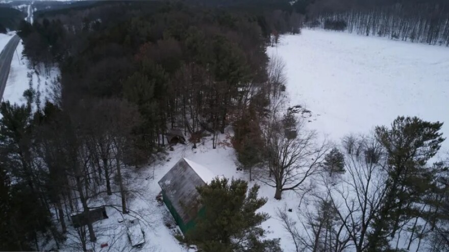 An aerial view of David Weeks’ farm, La Casa Verde. The farm includes 17 acres of tillable land. (Photo: Miles MacClure / Northern Michigan Journalism Collaborative)