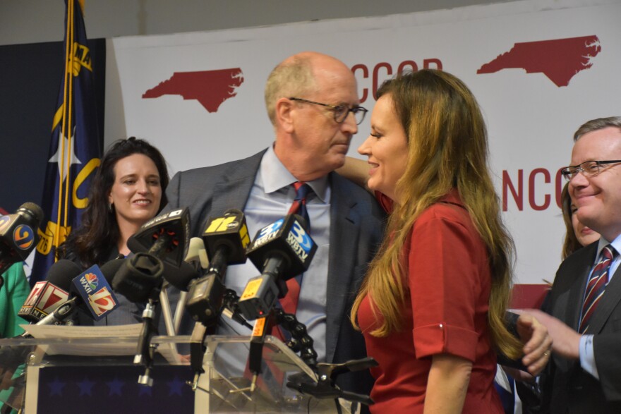 Tricia Cotham announcing her switch to Republican at a press conference in Raleigh on April 5, 2023.