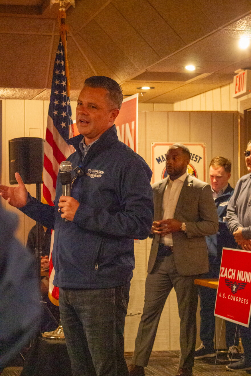 U.S. Rep. Zach Nunn speaks to the Westside Conservatives Club at the Machine Shed in Urbandale on Oct. 28, 2026. Nunn is running for his third term against Democrat Sarah Trone Garriott.