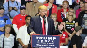 Soon-to-be President Donald Trump speaks at a rally in Cincinnati's US Bank Arena in 2016.