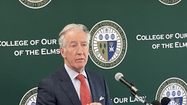 Springfield U.S. Representative Richard Neal (D) addresses an event at Elms College in Chicopee