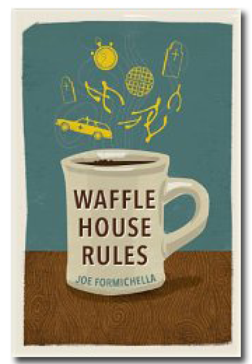 Drawing of an ivory coffee cup on wooden table with blue background with title written in brown on the cup.  In place of steam, yellow drawings of things such as cars, wishbones and clocks hang in the air.