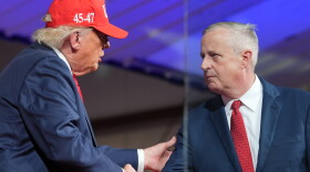 President Donald Trump greets North Carolina Republican U.S. Senate candidate Michael Whatley during a rally at Gastonia Municipal Airport, Wednesday, Sept. 16, 2026, in Gastonia, N.C.
