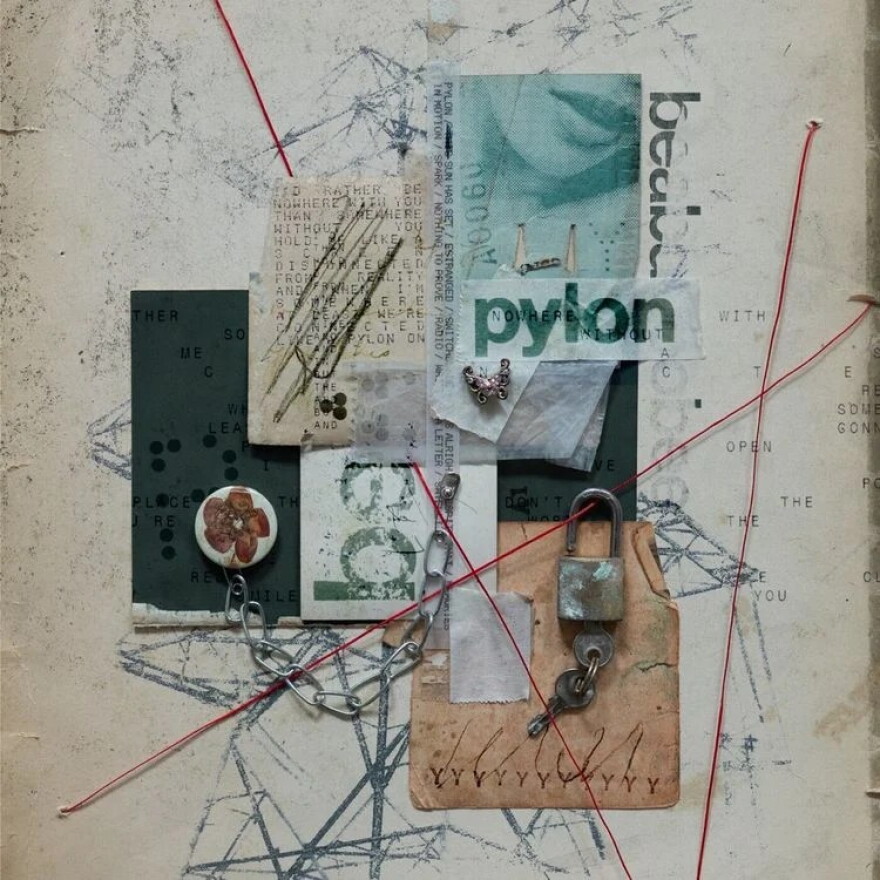 a still image of power lines and other imagery like a lock and key 