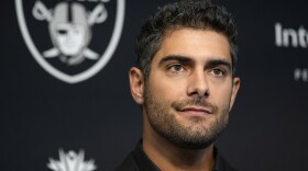 Las Vegas Raiders quarterback Jimmy Garoppolo takes questions at a news conference Friday, March 17, 2023, in Henderson, Nev.