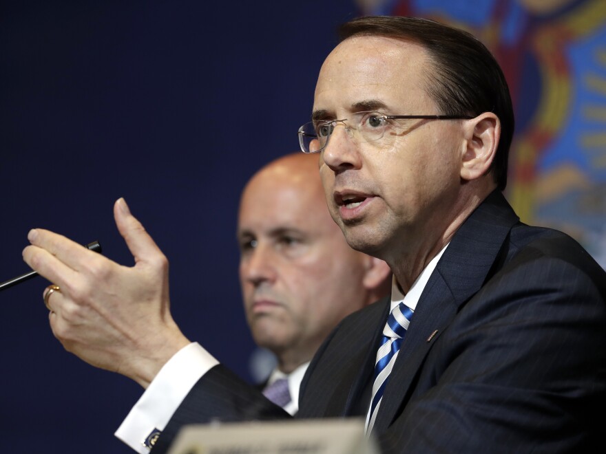 Deputy Attorney General Rod Rosenstein speaks during a roundtable on immigration policy at Morrelly Homeland Security Center on May 23 in Bethpage, N.Y.