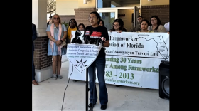 Florida Immigrant Coalition Executive Director Tessa Petit speaks during a press conference at the Farmworker Association of Florida headquarters in Apopka.