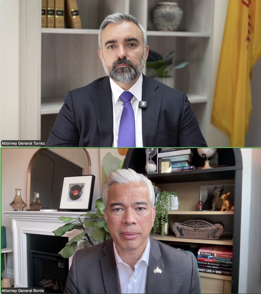 The Attorneys General of new Mexico and California, respectively, Raúl Torrez (top) and Rob Bonta (bottom), held a virtual press conference Friday announcing a coalition lawsuit against the Trump administration over a fuel economy standards rollback announced last week.