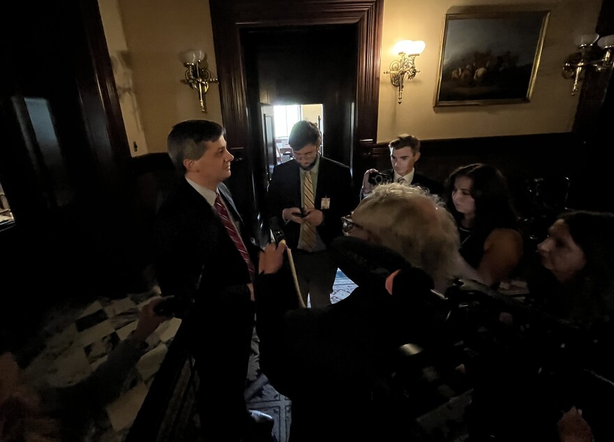 Senate Majority Leader Shane Massey, R-Edgefield, speaks with reporters about his conversation with President Donald Trump regarding his push for the state to change its congressional maps ahead of the 2026 election. Massey told reporters in slightly darkend Senate antechamber on May 5, 2026 that he is opposed to the effort which could jeporadize the Republicans current 6-1 majority.