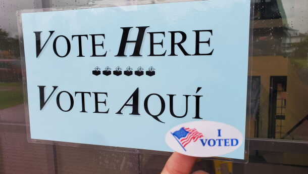 An "I voted" sticker at a voting location in Springfield, Ma. on primary day, Sept. 1, 2026.