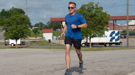In this photo provided by the U.S. Air National Guard, U.S. Air Force Capt. Alex Klinner, operations flight commander for the 99th Air Refueling Squadron, completes another lap during the Shell 77 Memorial Run at Sumpter Smith Joint National Guard Base, Birmingham, Ala., May 2, 2025. (Paul Mann/U.S. Air National Guard via AP)