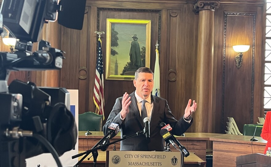 Roger Crandall, MassMutual's President and CEO, speaks at a press conference announcing plans for a new health clinic to be built by Baystate Health on land donated by MassMutual, May 21, 2024.