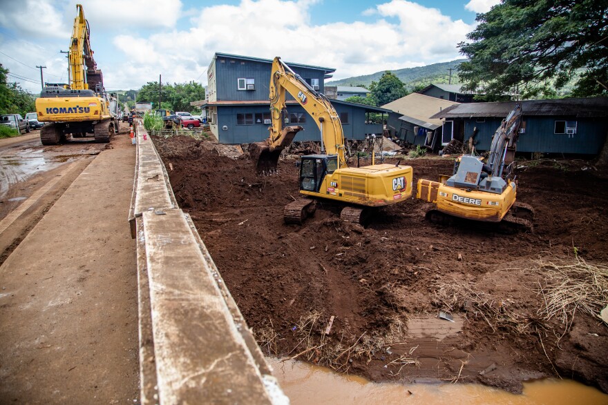 Crews dredge a stream near Otake Camp that was filled with mud and sediment following recent flooding on Oʻahu's North Shore. (March 25, 2026)