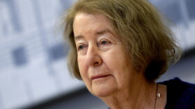 Hilde Schramm attends a press conference in Berlin, Germany, Monday, Jan. 21, 2019. Schramm, daughter of Hitler's architect Albert Speer, receives the Jewish history award for a foundation she founded to support Jewish women's cultural projects. (Michael Sohn/AP)