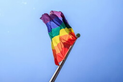 A pride flag on a flagpole with a blue sky background.