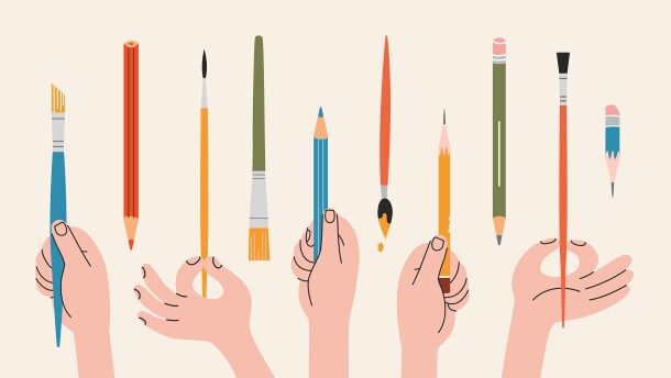 Various hands holding pencils and paintbrushes. Human arms and Gestures with different finger positions. Painting tools and Art supplies. Modern vector isolated illustration, hand drawn, flat design.