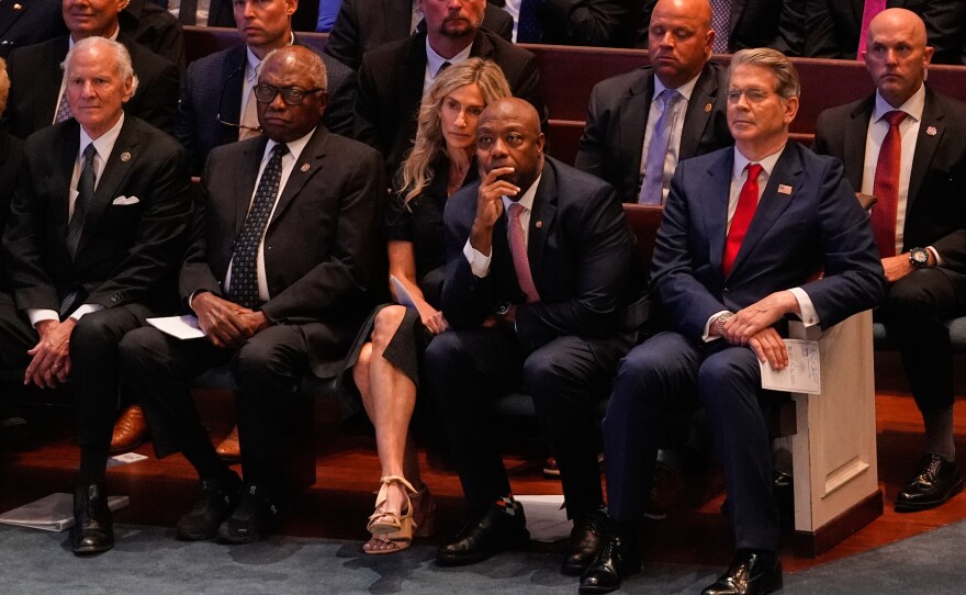From left, South Carolina Gov. Henry McMaster; Rep. James Clyburn, D-S.C.; wife of Sen. Tim Scott, R-S.C., Mindy Noce; Sen. Scott; and Treasury Secretary Scott Bessent attend the funeral service for the late Sen. Lindsey Graham, R-S.C., at First Baptist Church in Columbia, S.C., Wednesday, July 29, 2026. (AP Photo/Gerald Herbert)