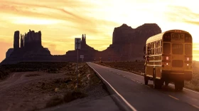 A school bus drives a route on the Navajo Nation.