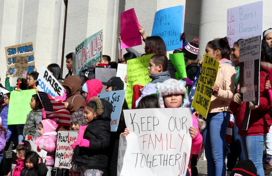 Hundreds of protesters gathered outside the Ohio Statehouse in downtown Columbus on a "Day Without Immigrants" strike in February 2017.