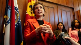 St. Louis Mayor Cara Spencer speaks to the media after being sworn in on Tuesday, April 15, 2025, at City Hall.