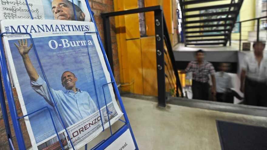 A newspaper with a front-page photo of President Obama is displayed at a press house in downtown Yangon, Myanmar, on Thursday, ahead of Obama's visit.