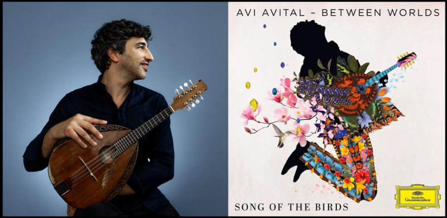 Avi Avital and the cover of his 2025 album, Song of the Birds.