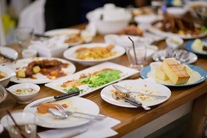 Table spread with holiday meal. 