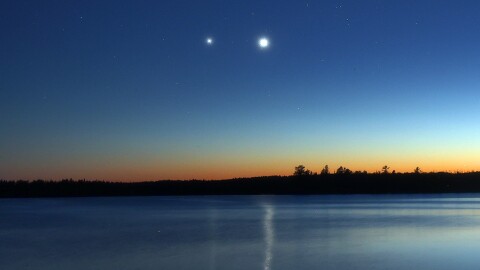 The light of two celestial objects reflected in a body of water at twilight