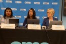 Superintendent Crystal Hill (center) addresses select reporters at an Aug. 12 briefing on her student assignment proposal.