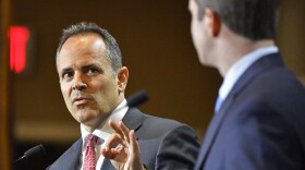 Kentucky Governor and Republican candidate for governor Matt Bevin reacts to a response from Attorney General and Democratic candidate Andy Beshear during a debate in Paducah, Ky., Thursday, Oct. 3, 2019.