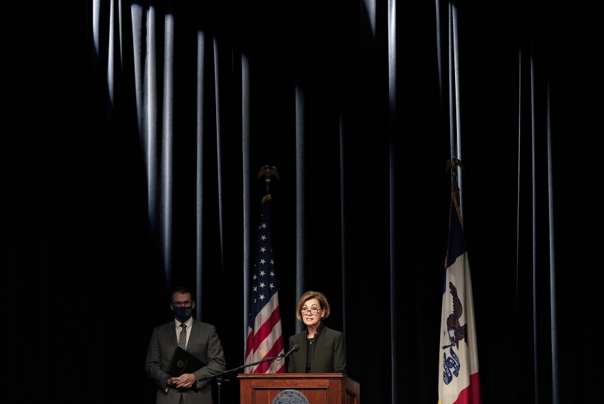 Iowa Gov. Kim Reynolds updates the state's response to the coronavirus outbreak during a news conference, Tuesday, Sept. 29, 2020, in Johnston, Iowa.