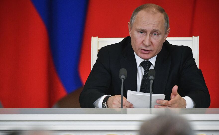 Russian President Vladimir Putin holds a news conference at the Kremlin in Moscow on April 8, 2019.